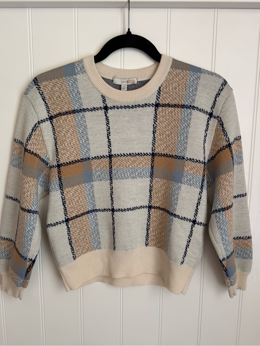 Joie Cream Plaid Crewneck Sweater with Blue & Tan Checks